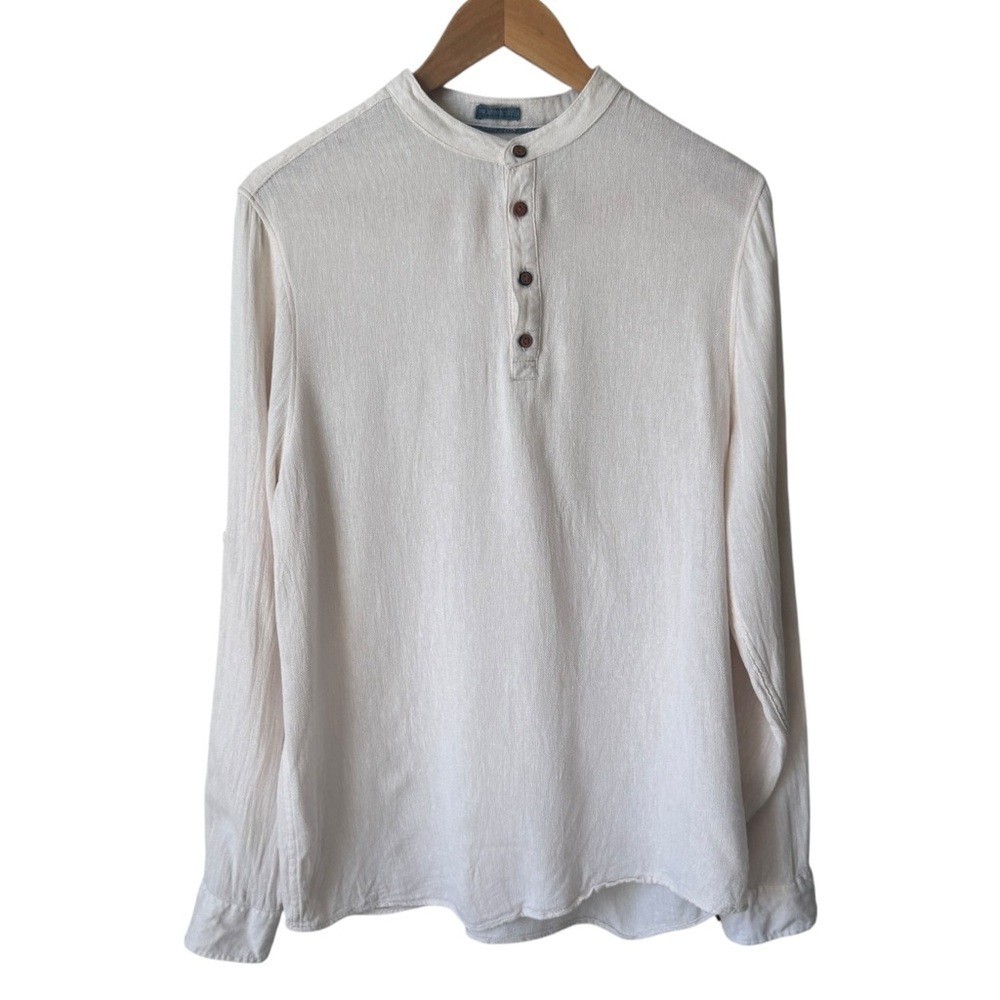 Tenth + Ocean Linen Blend Long Sleeve Shirt Mandarin Collar Cream Men's Size Med